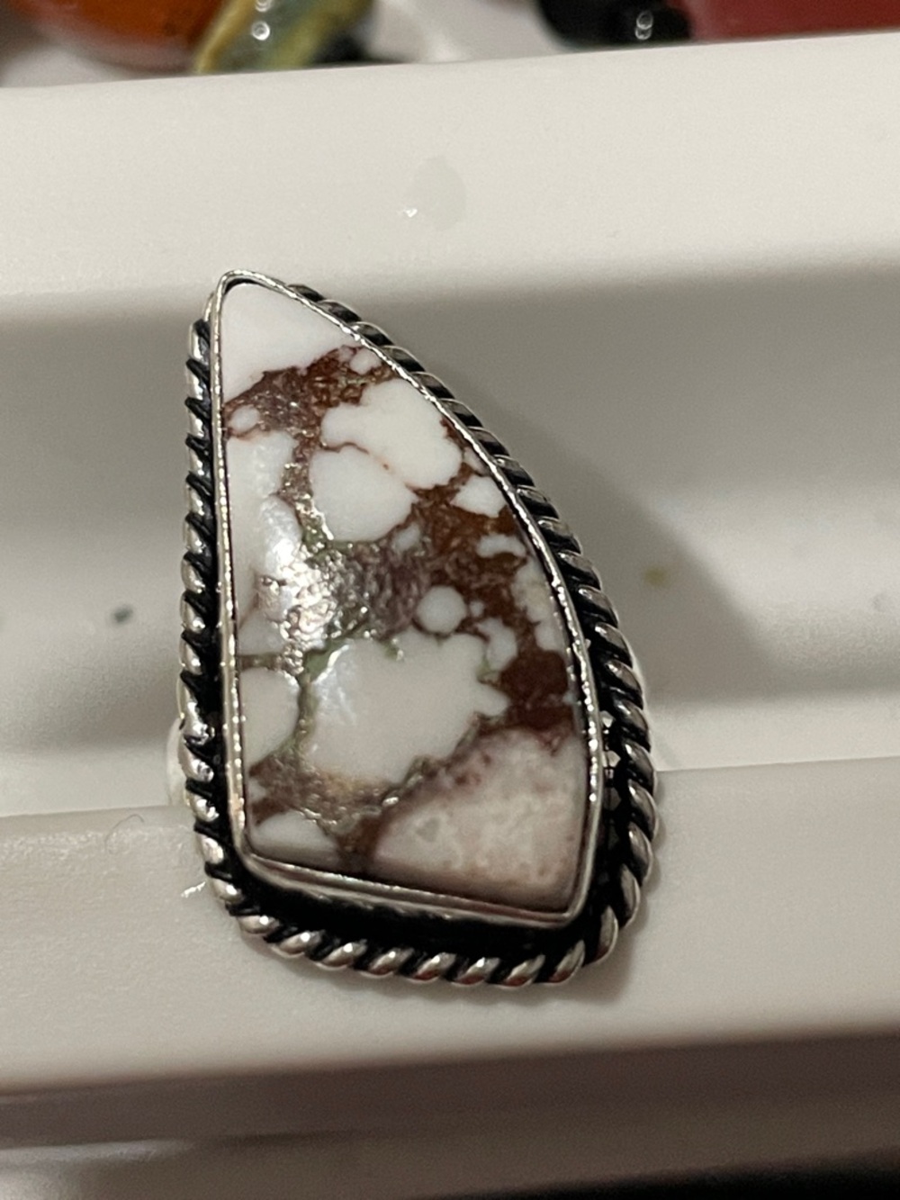 Sterling Silver Teardrop White and Brown Marbled Stone Ring
